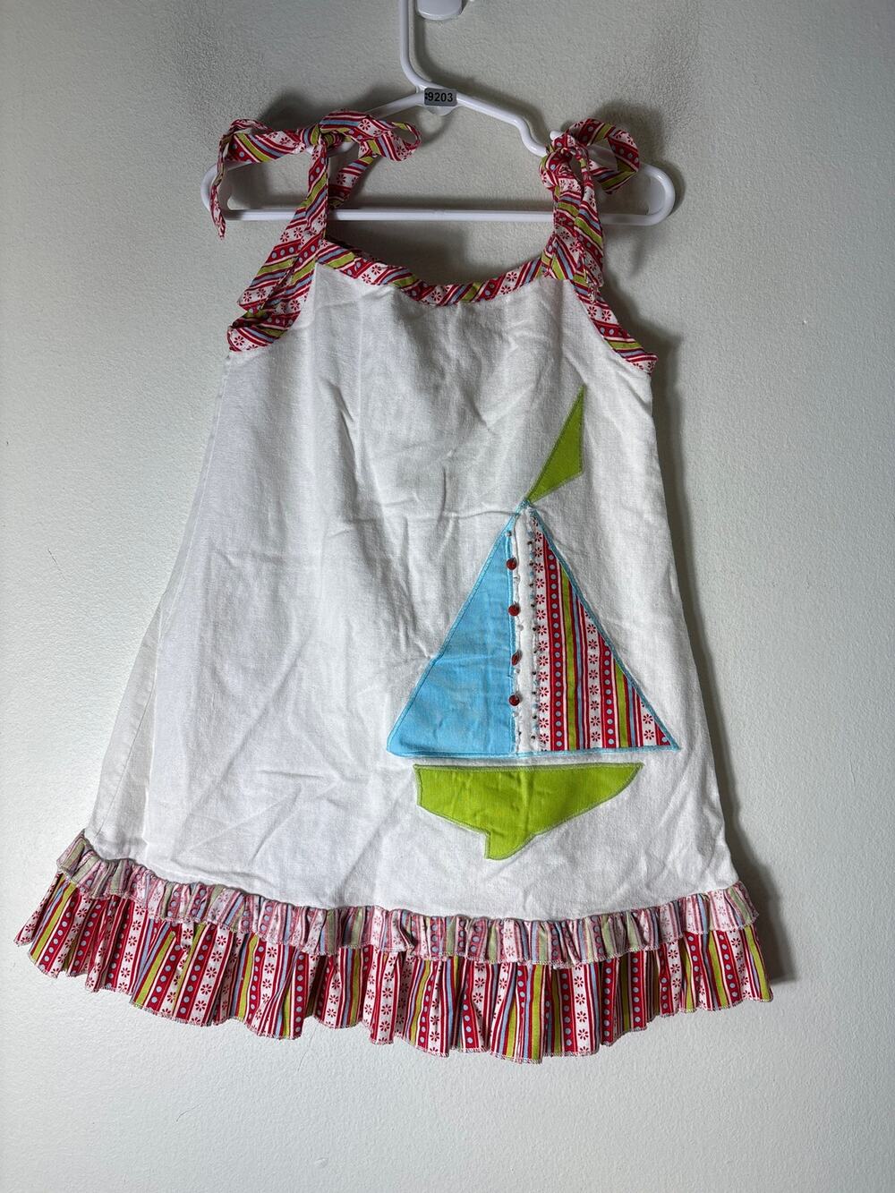 Girls vintage La Jenns White Linen Sleeveless Tie Strap Dress Saiboat App Sz 4T